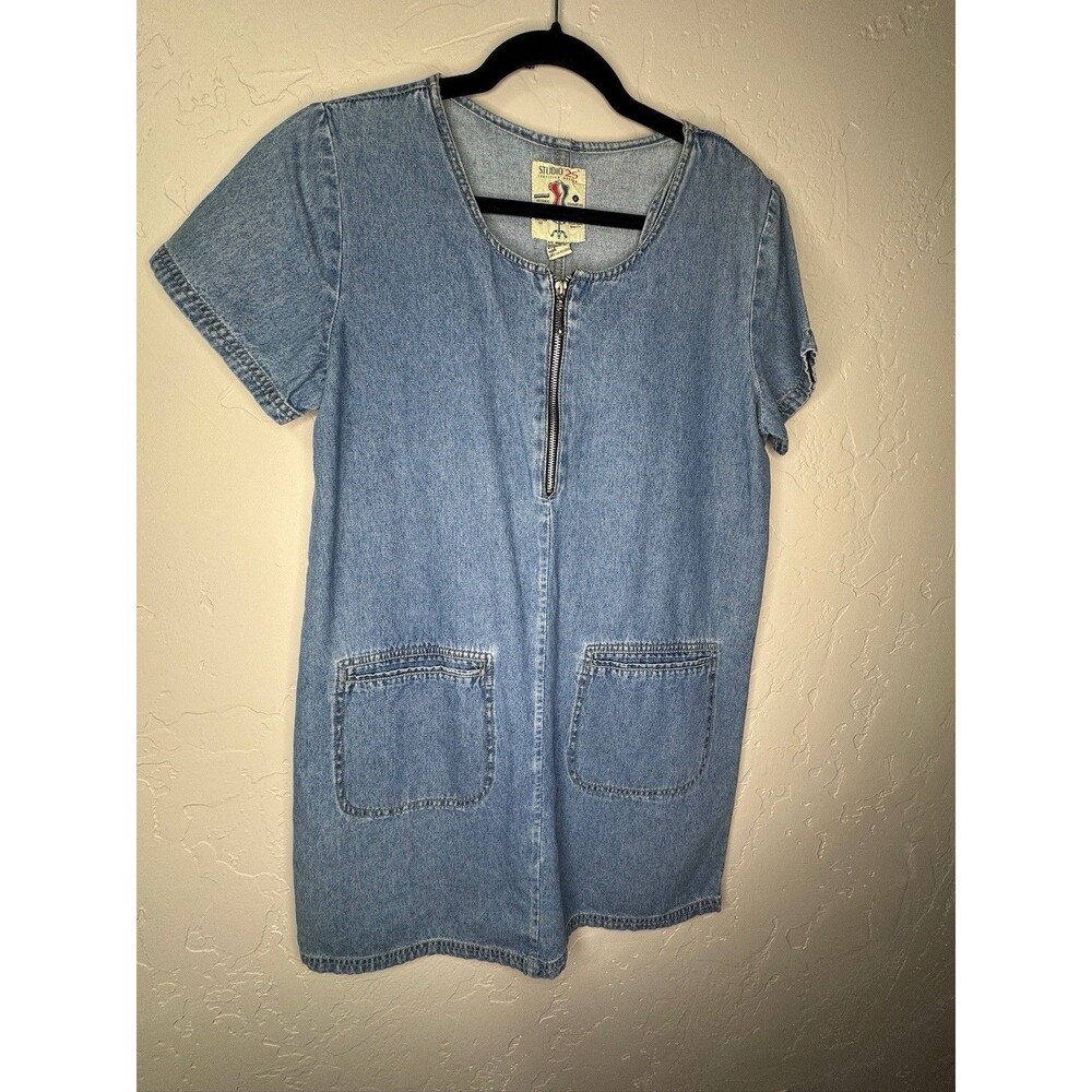 Vtg Studio25  Denim Dress sz L Blue Buttons Short Slvs Pockets Cottagecore
